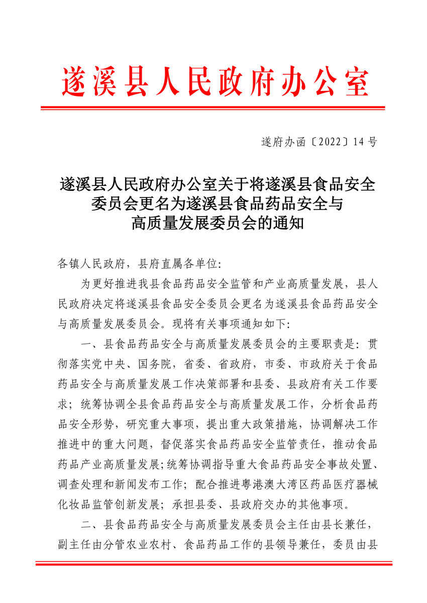 关于将遂溪县食品安全委员会更名为遂溪县食品药品安全与高质量发展委员会的通知（遂府办函〔2022〕14号）_00.png