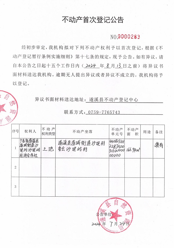 0724不动产首次登记公告（广东省遂溪县遂城街道沙坭村沙坭岭经济合作社）.jpg