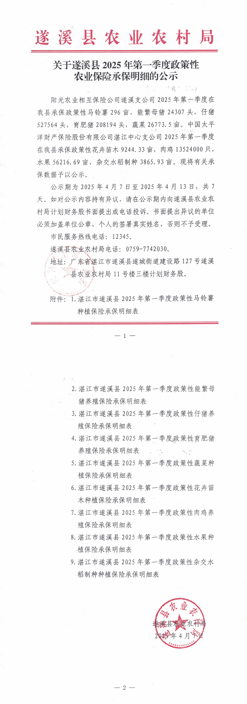 关于遂溪县2025年第一季度政策性农业保险补贴承保明细的公示_00.png