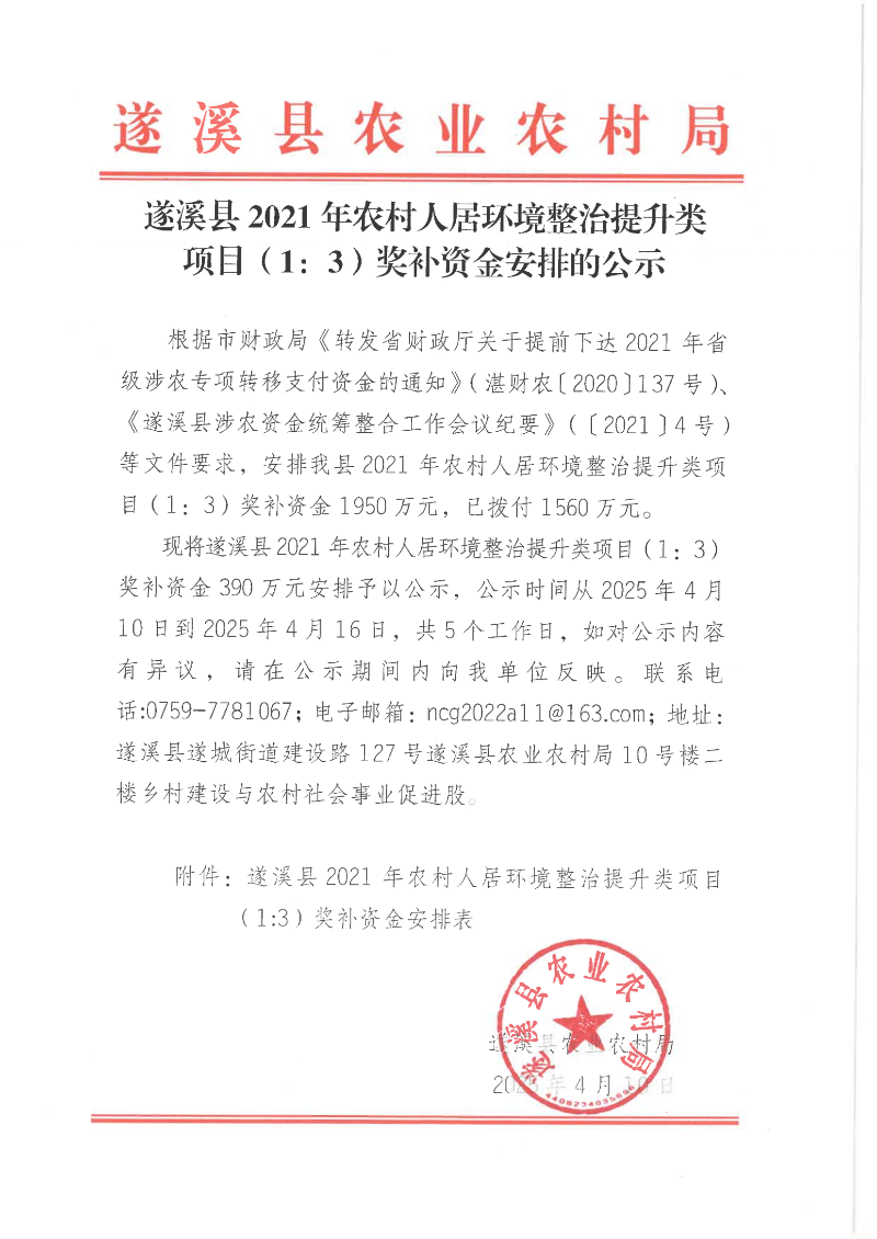 遂溪县2021年农村人居环境整治提升类项目（1：3）奖补资金安排的公示_00.png