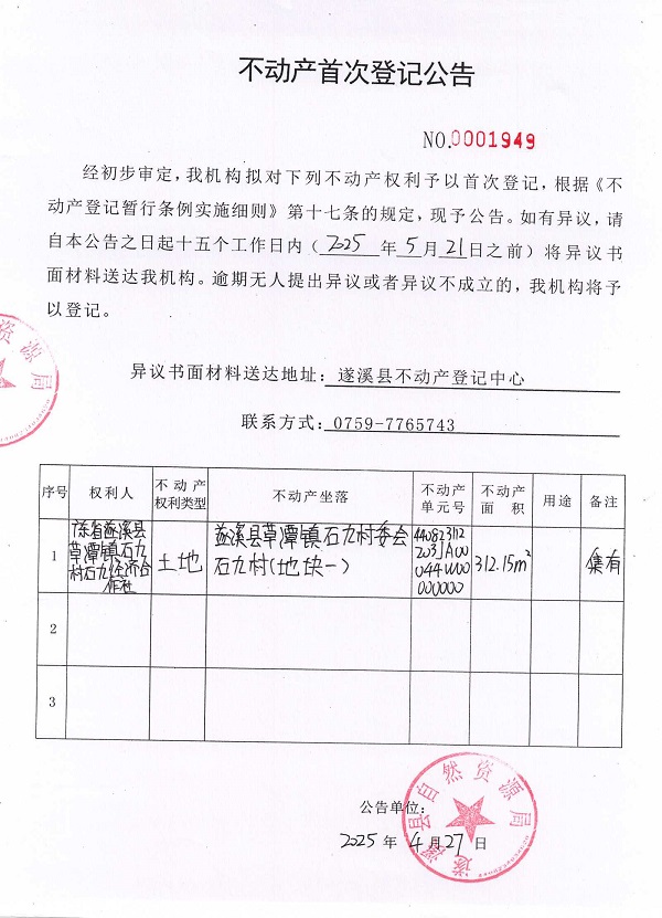 不动产首次登记公告（广东省遂溪县草潭镇石九村石九经济合作社）1.jpg