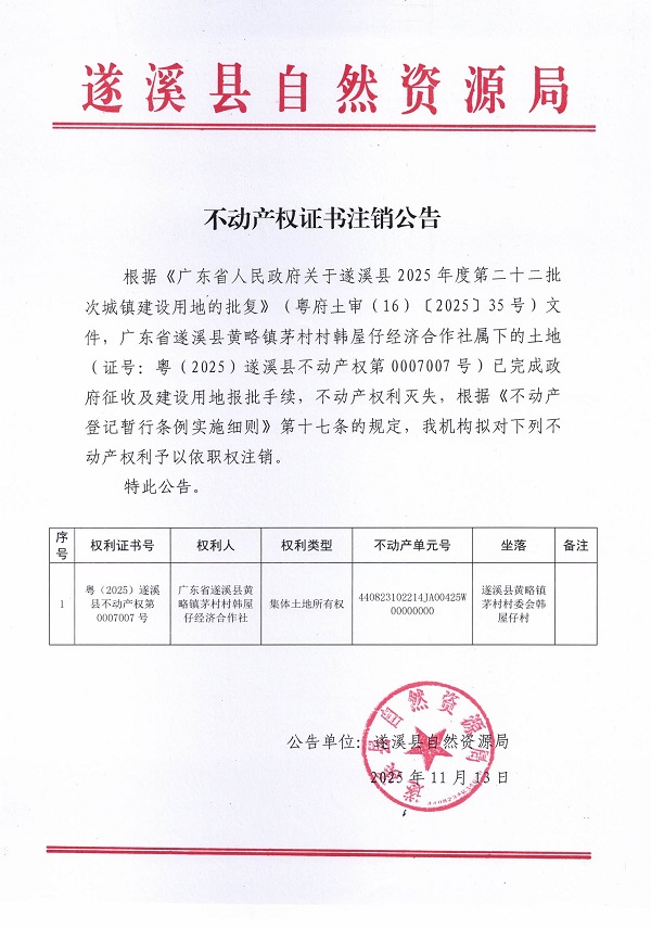 不动产权证书注销公告（广东省遂溪县黄略镇茅村村韩屋仔经济合作社）.jpg