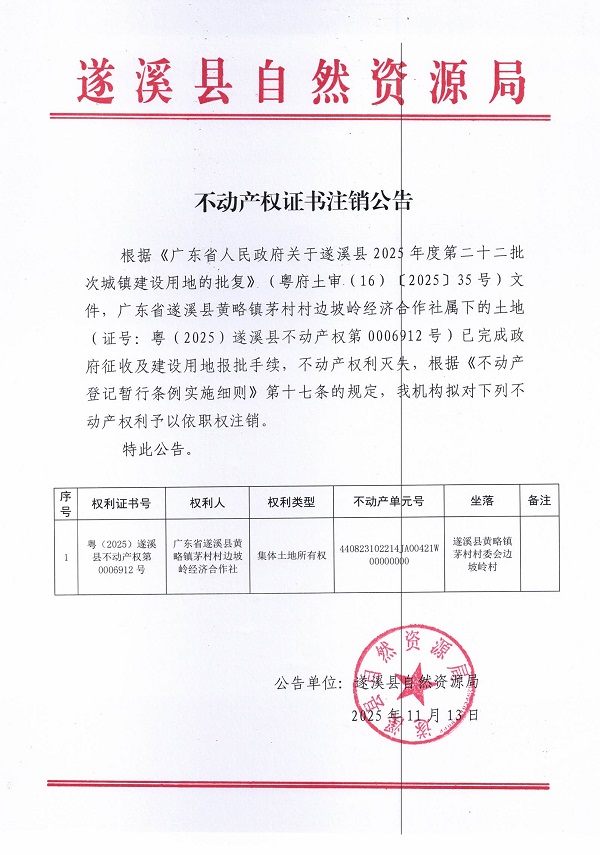 不动产权证书注销公告（广东省遂溪县茅村村边坡岭经济合作社）.jpg