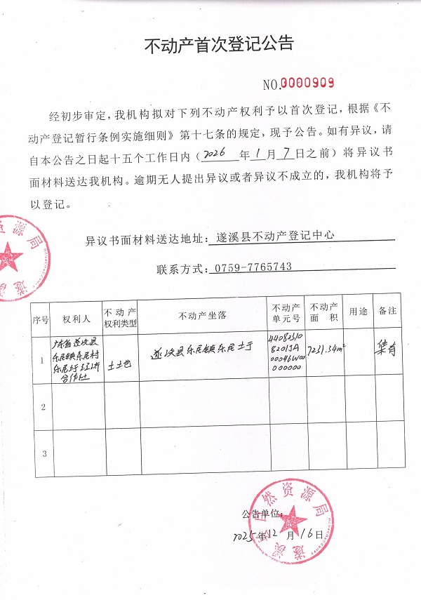 不动产首次登记公告（广东省遂溪县乐民镇乐民村乐民圩经济合作社） .jpg