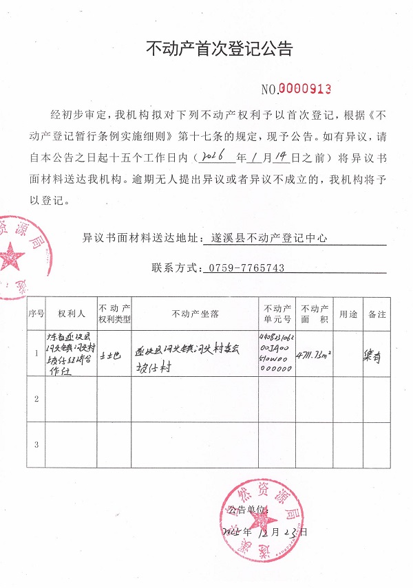 不动产首次登记公告（广东省遂溪县河头镇河头村坡仔经济合作社）.jpg