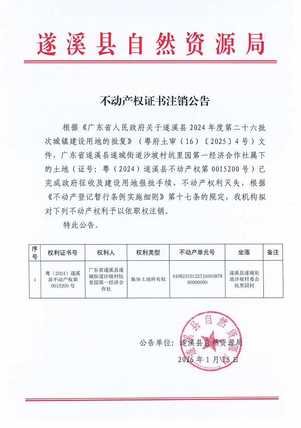不动产权证书注销公告（广东省遂溪县遂城街道沙坡村坑里园第一经济合作社).jpg