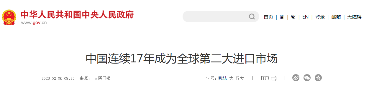 中国连续17年成为全球第二大进口市场