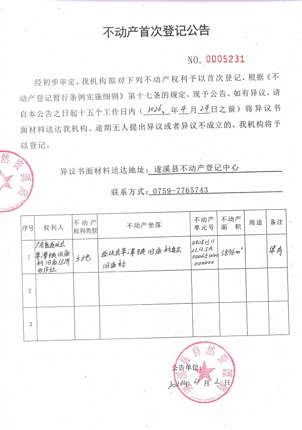 不动产登记首次公告（广东省遂溪县草谭镇旧庙村旧庙经济合作社）.jpg