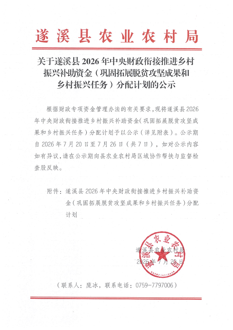 关于遂溪县2026年中央财政衔接推进乡村振兴补助资金（巩固拓展脱贫攻坚成果和乡村振兴任务）分配计划的公示(2)_00.png